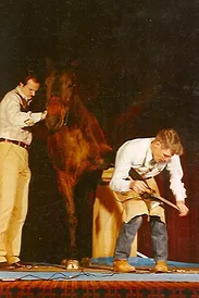 Burney Chapman works on a horse on stage at the AFA convention