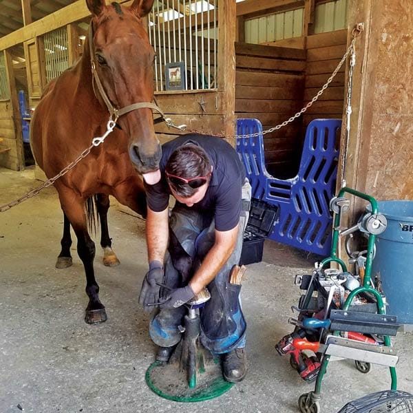 Farrier Joshua Sanders working on front limp of horse